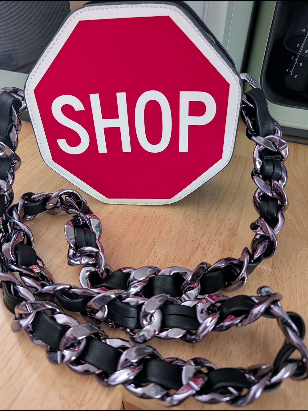 Octagonal Red 'SHOP' Crossbody Bag with Black & Silver Chain Strap